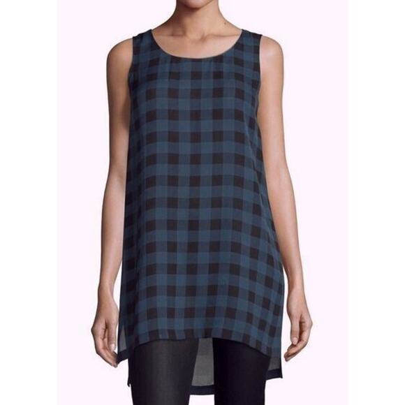 NEW EILEEN FISHER Blue & Black Buffalo Check Silk Scoop Neck Tunic Size XS $238 - Picture 1 of 7